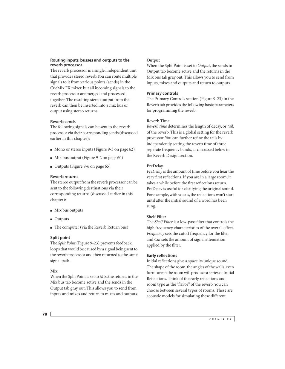 Reverb sends, Reverb returns, Split point | Primary controls, Early reflections | MOTU Track16 - Desktop Studio FireWire/USB 2.0 Interface User Manual | Page 78 / 118