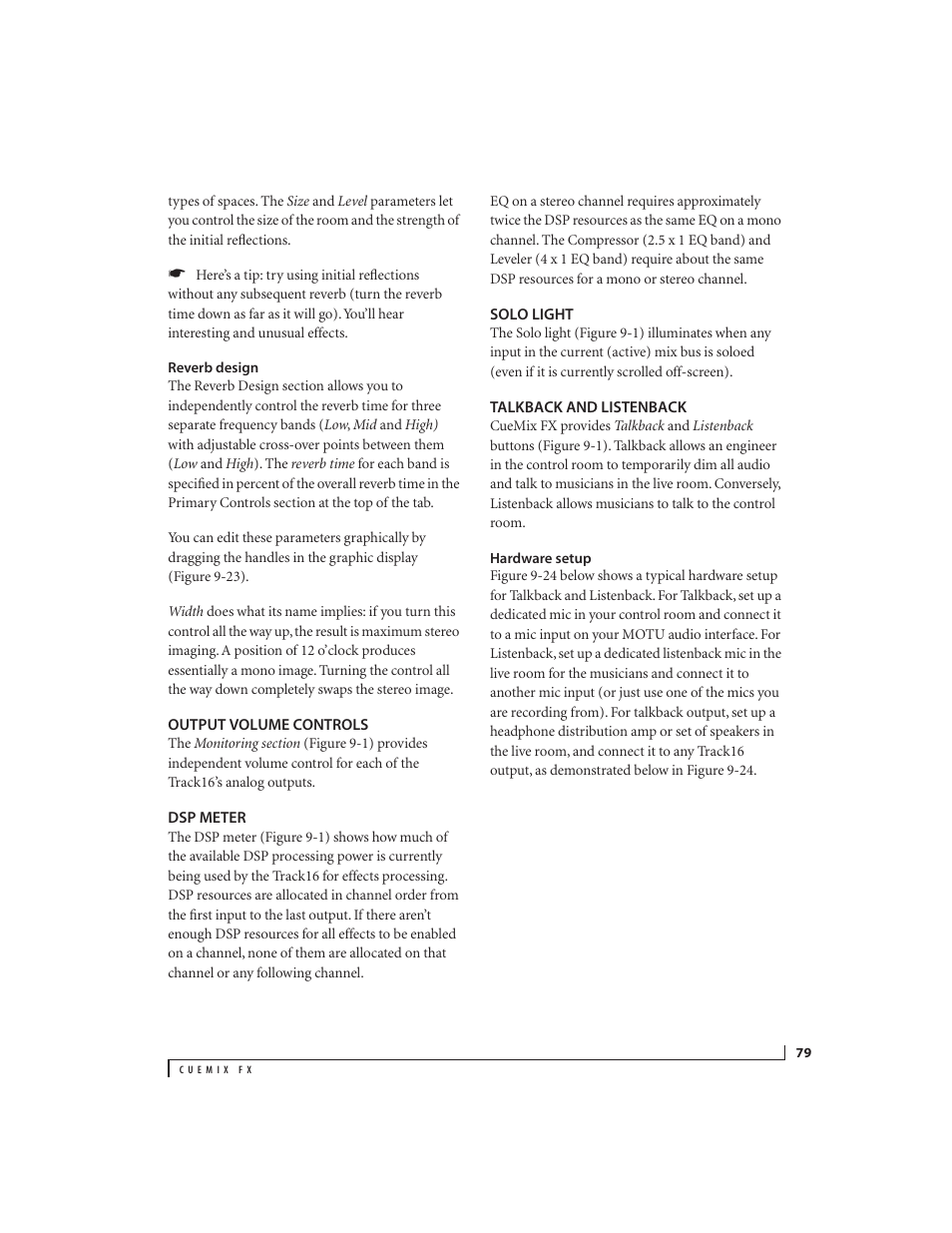 Reverb design, Output volume controls, Dsp meter | Solo light, Talkback and listenback, Hardware setup | MOTU Track16 - Desktop Studio FireWire/USB 2.0 Interface User Manual | Page 79 / 118