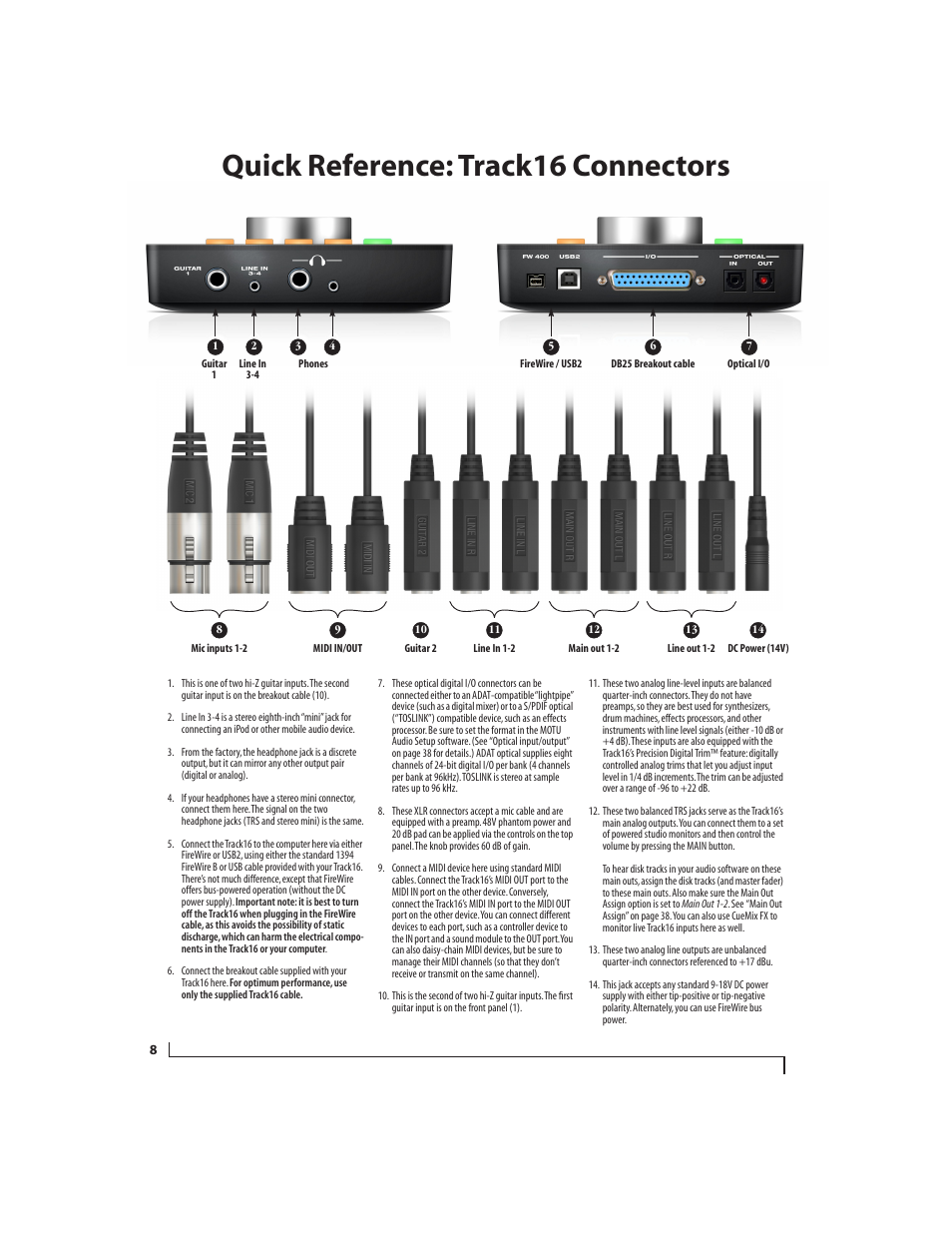 Quick reference: track16 connectors | MOTU Track16 - Desktop Studio FireWire/USB 2.0 Interface User Manual | Page 8 / 118