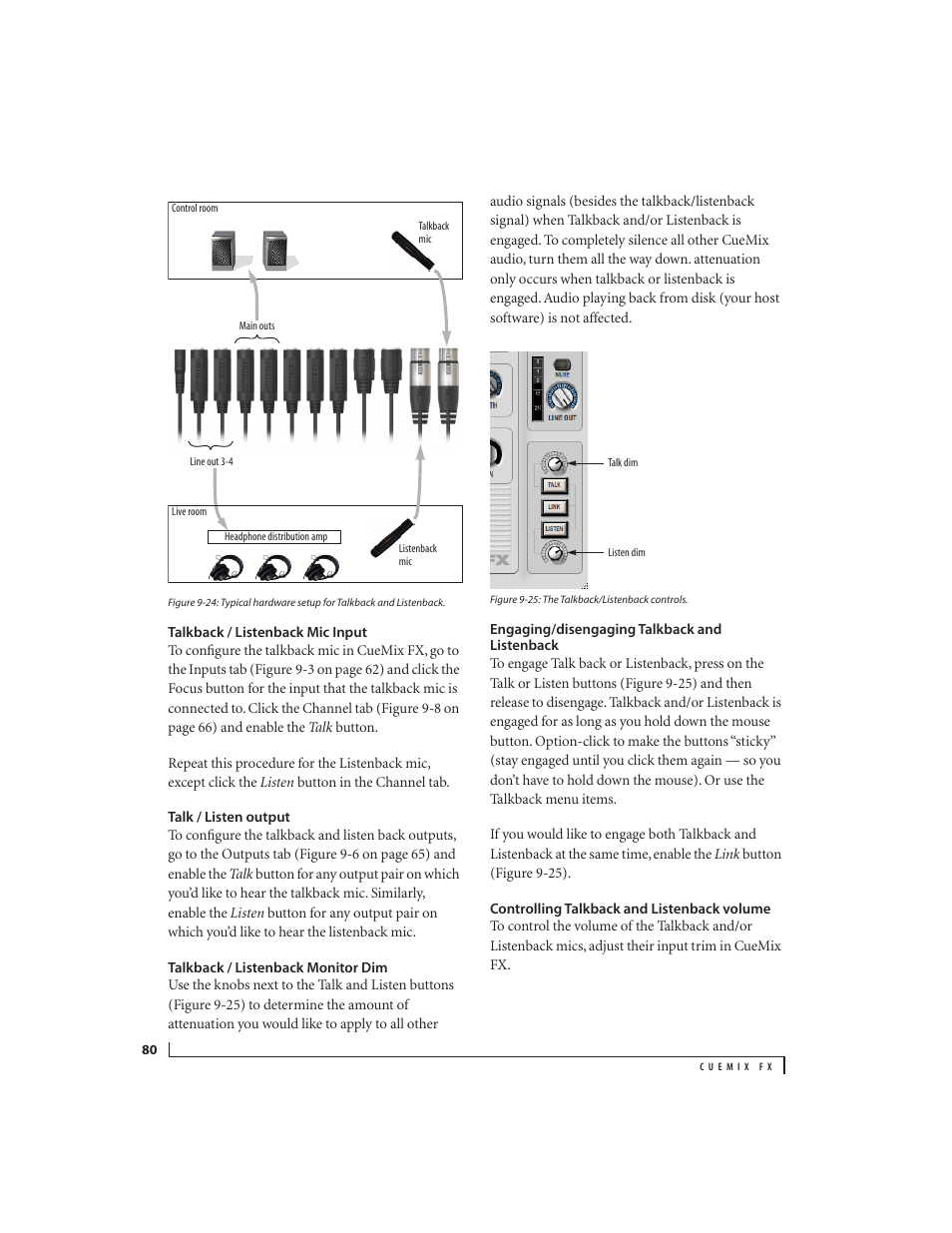 Talkback / listenback mic input, Talk / listen output, Talkback / listenback monitor dim | Engaging/disengaging talkback and listenback, Controlling talkback and listenback volume | MOTU Track16 - Desktop Studio FireWire/USB 2.0 Interface User Manual | Page 80 / 118