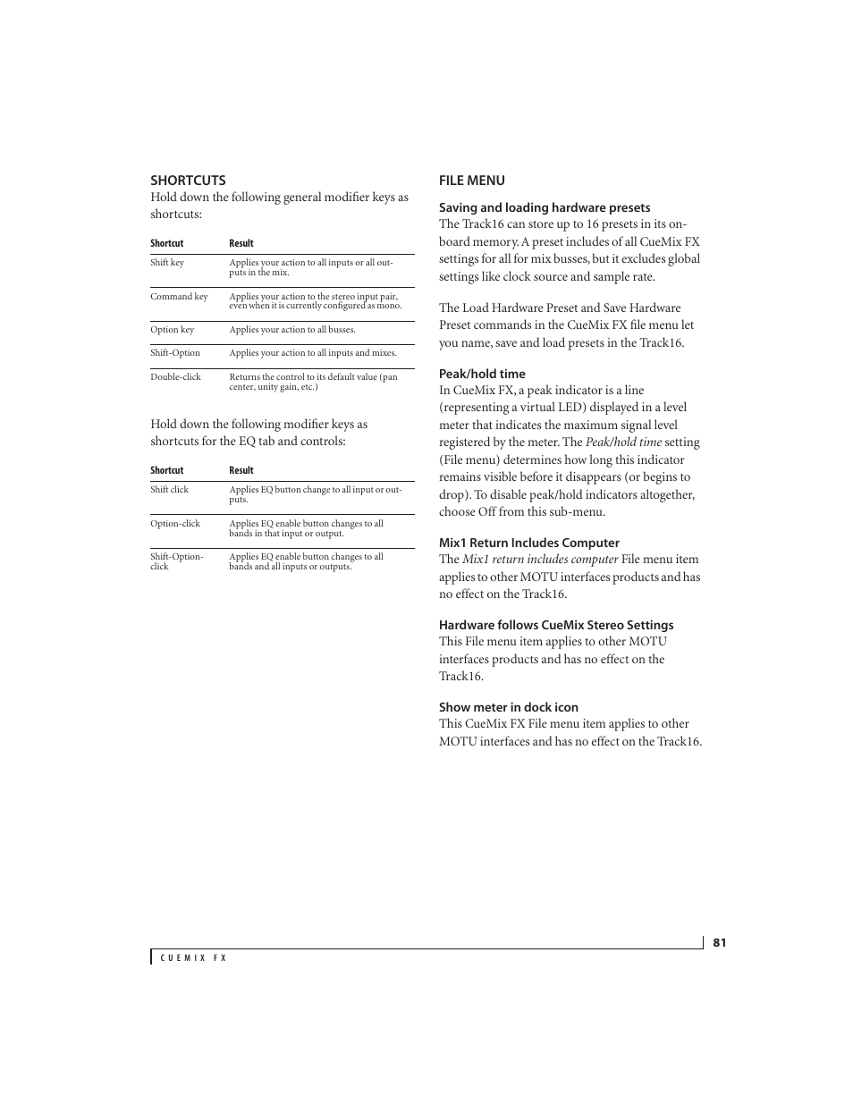 Shortcuts, File menu, Saving and loading hardware presets | Peak/hold time, Mix1 return includes computer, Hardware follows cuemix stereo settings, Show meter in dock icon, Shortcuts file menu | MOTU Track16 - Desktop Studio FireWire/USB 2.0 Interface User Manual | Page 81 / 118