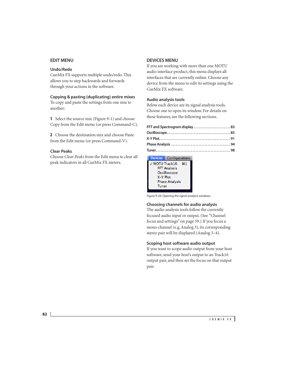 Edit menu, Undo/redo, Copying & pasting (duplicating) entire mixes | Clear peaks, Devices menu, Audio analysis tools, Choosing channels for audio analysis, Scoping host software audio output, Edit menu devices menu | MOTU Track16 - Desktop Studio FireWire/USB 2.0 Interface User Manual | Page 82 / 118