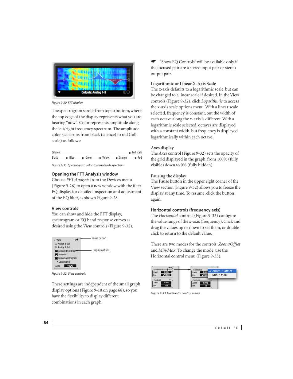 Opening the fft analysis window, View controls, Horizontal controls (frequency axis) | MOTU Track16 - Desktop Studio FireWire/USB 2.0 Interface User Manual | Page 84 / 118