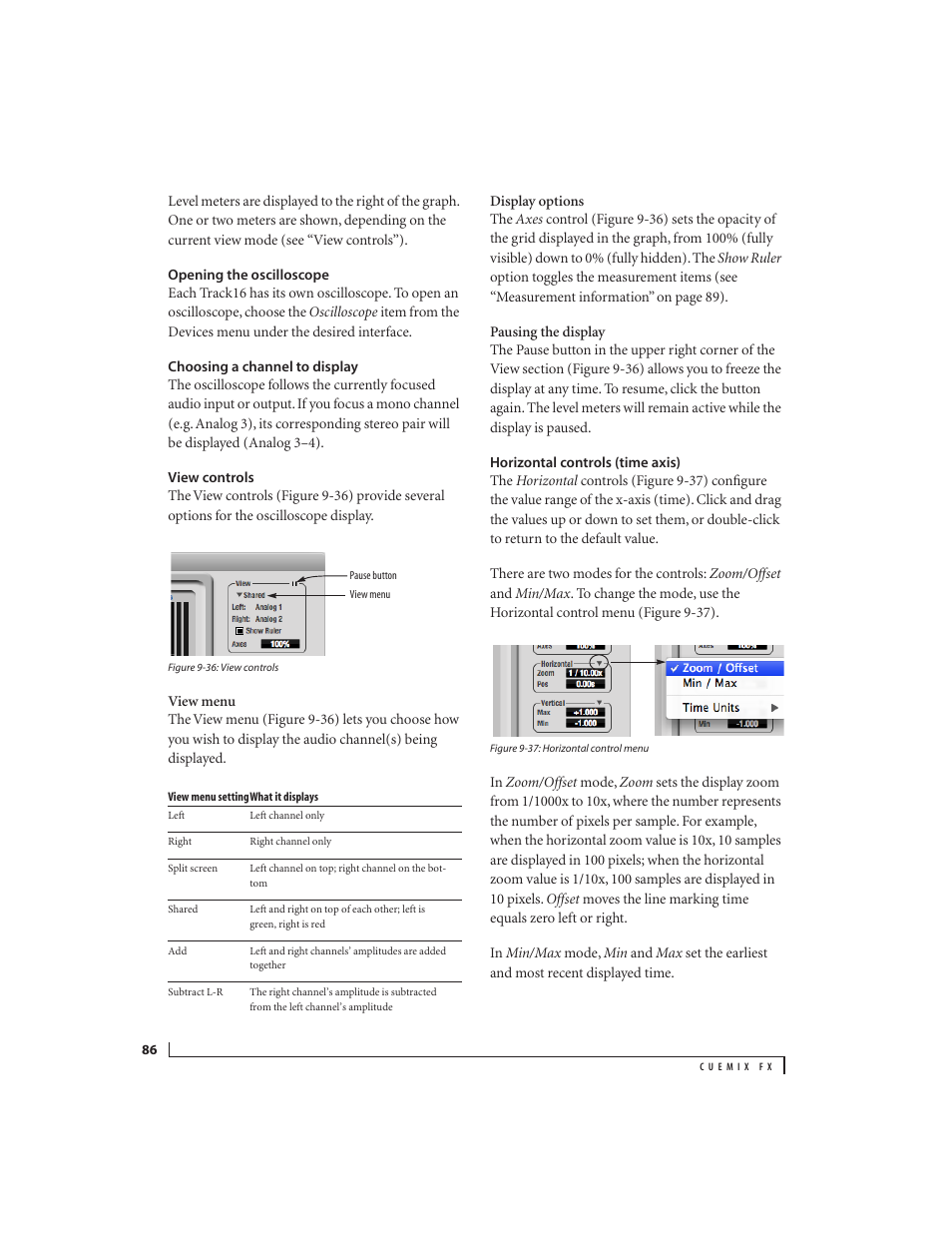 Opening the oscilloscope, Choosing a channel to display, View controls | Horizontal controls (time axis) | MOTU Track16 - Desktop Studio FireWire/USB 2.0 Interface User Manual | Page 86 / 118