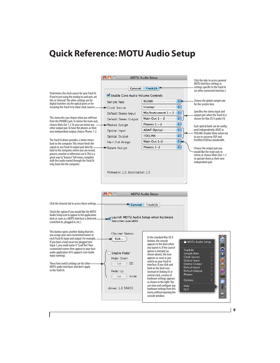 Quick reference: motu audio setup, Chapter | MOTU Track16 - Desktop Studio FireWire/USB 2.0 Interface User Manual | Page 9 / 118