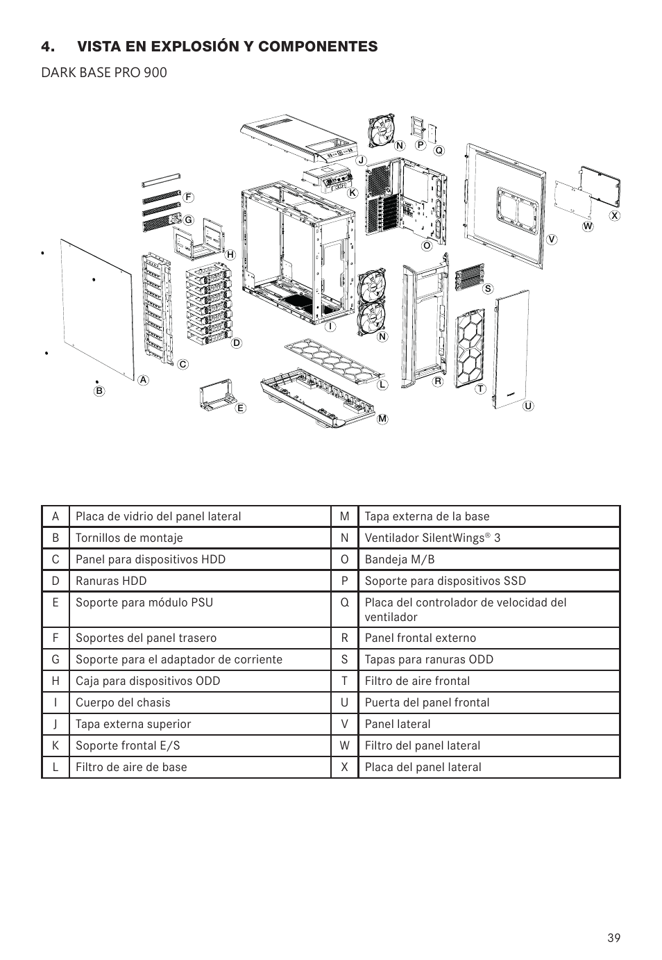 Vista en explosión y componentes | be quiet! Dark Base 900 Full-Tower Case (Silver) User Manual | Page 39 / 76