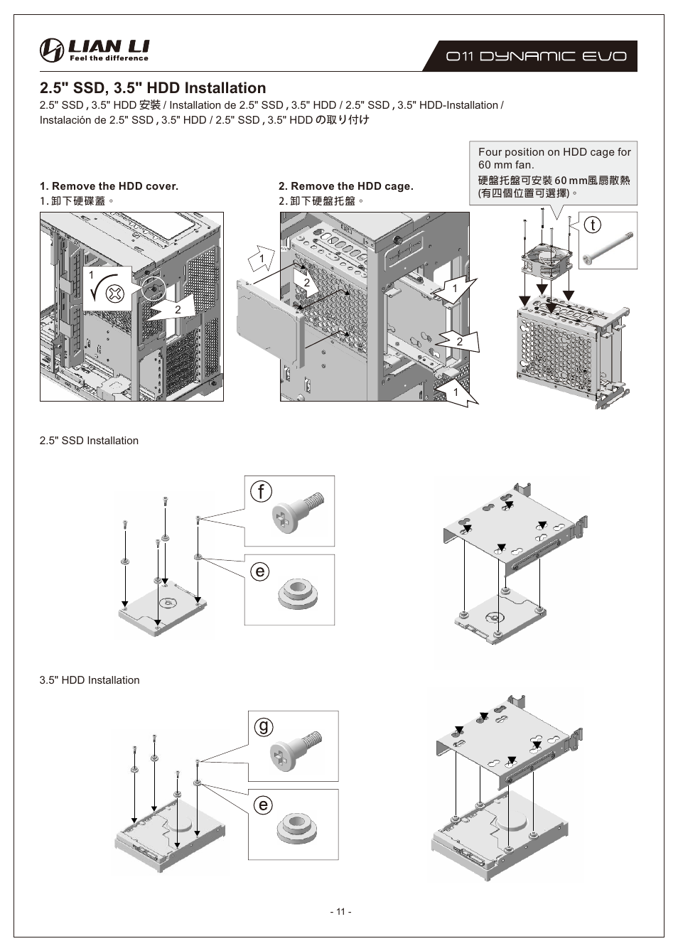 5" ssd, 3.5" hdd installation | Lian Li O11 Dynamic EVO Mid-Tower Case (Black) User Manual | Page 11 / 31