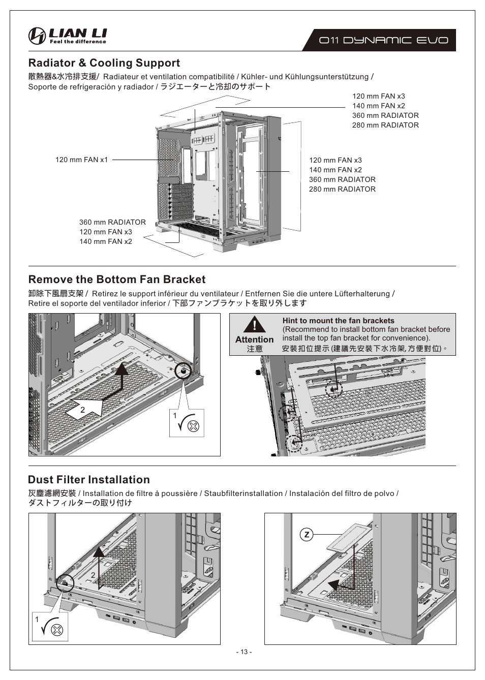 Radiator & cooling support, Remove the bottom fan bracket, Dust filter installation | Lian Li O11 Dynamic EVO Mid-Tower Case (Black) User Manual | Page 13 / 31