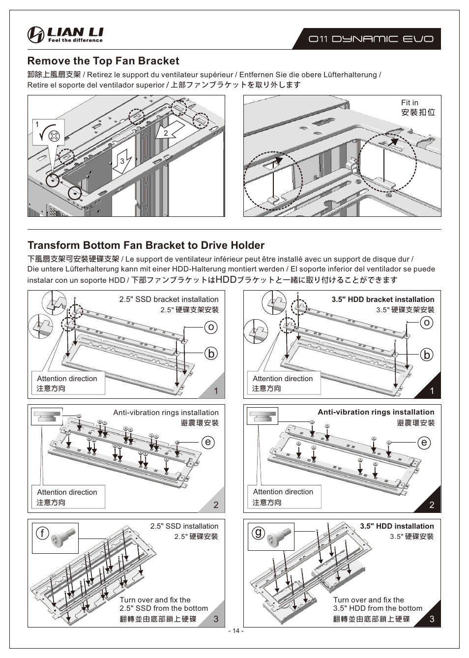 Remove the top fan bracket, Transform bottom fan bracket to drive holder | Lian Li O11 Dynamic EVO Mid-Tower Case (Black) User Manual | Page 14 / 31