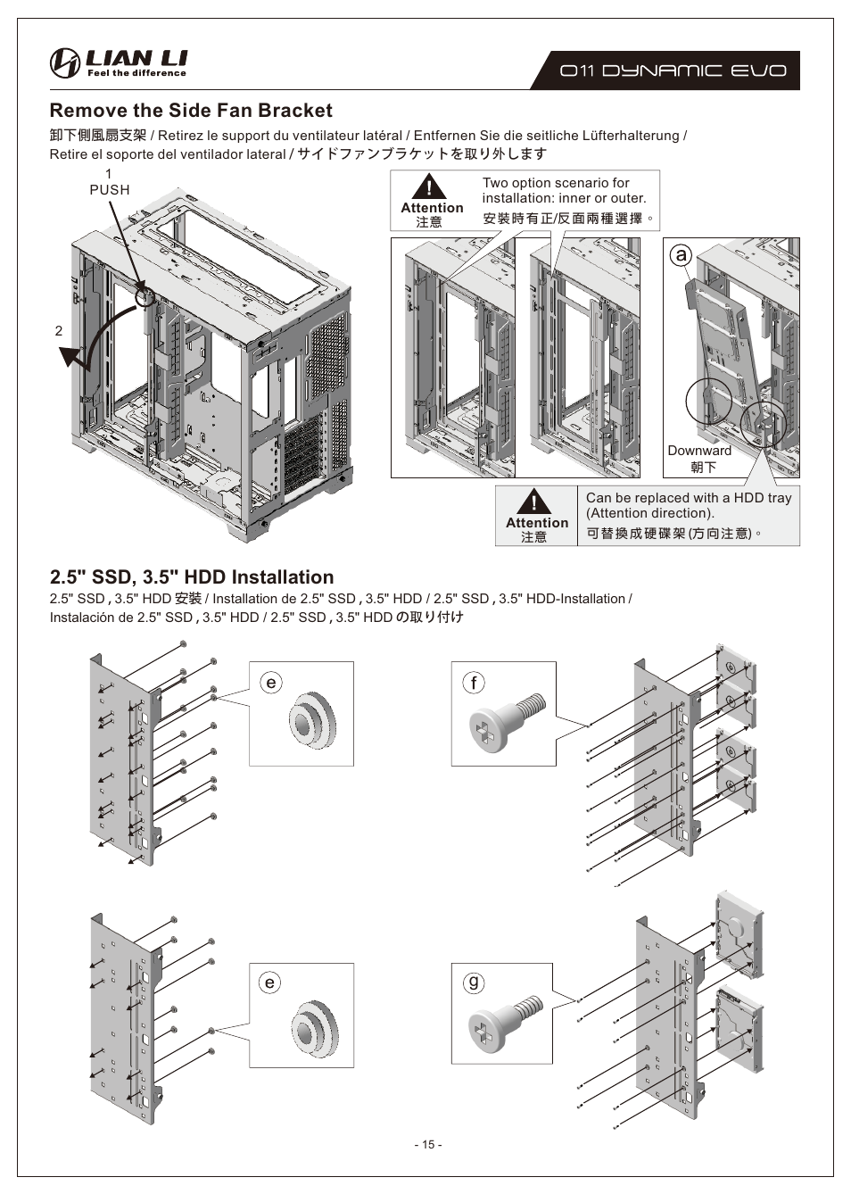 Remove the side fan bracket, 5" ssd, 3.5" hdd installation | Lian Li O11 Dynamic EVO Mid-Tower Case (Black) User Manual | Page 15 / 31