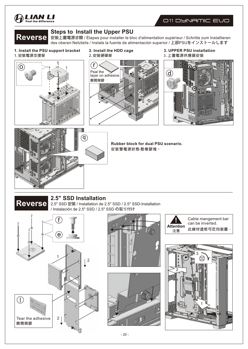 Reverse, Steps to install the upper psu, 5" ssd installation | Lian Li O11 Dynamic EVO Mid-Tower Case (Black) User Manual | Page 20 / 31