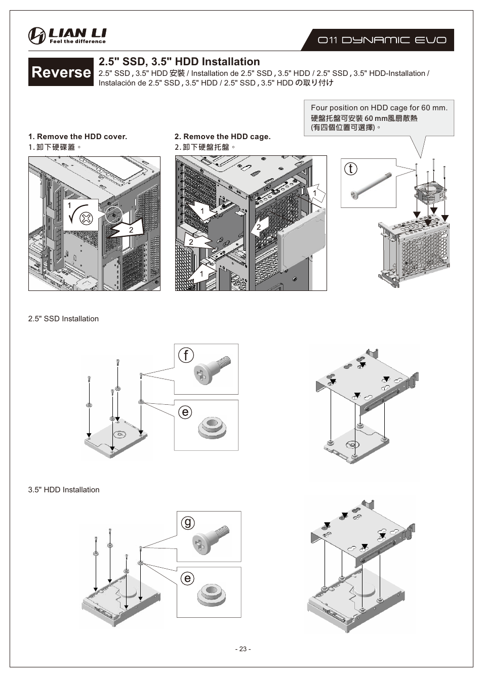 Reverse, 5" ssd, 3.5" hdd installation | Lian Li O11 Dynamic EVO Mid-Tower Case (Black) User Manual | Page 23 / 31