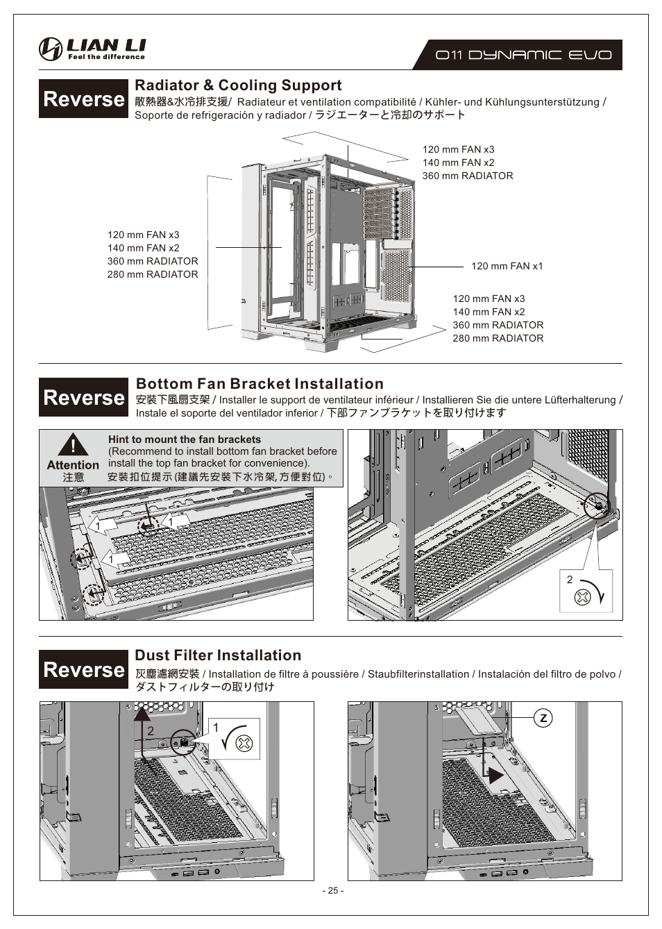 Reverse, Radiator & cooling support, Bottom fan bracket installation | Dust filter installation | Lian Li O11 Dynamic EVO Mid-Tower Case (Black) User Manual | Page 25 / 31