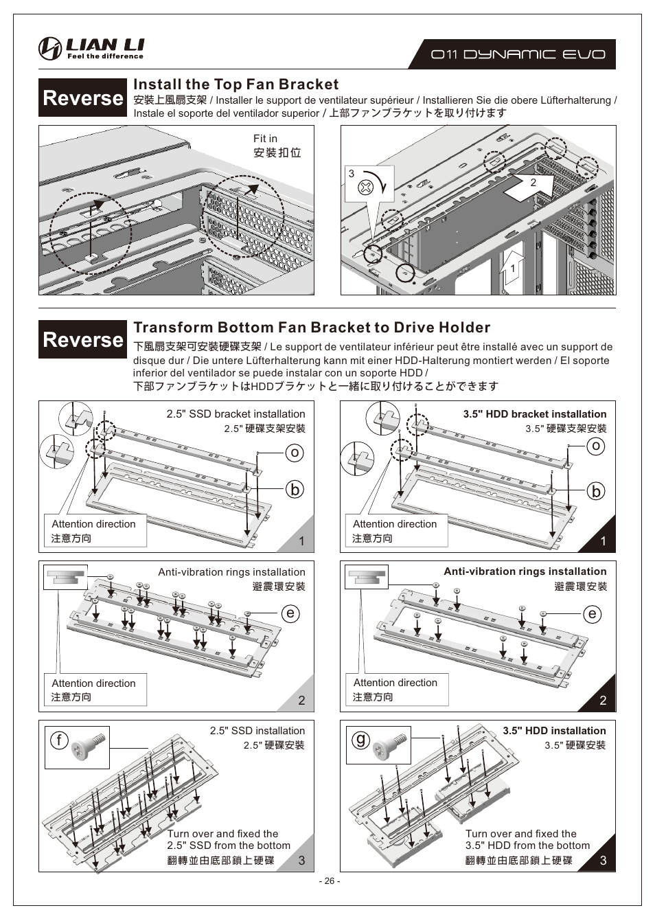 Reverse, Install the top fan bracket, Transform bottom fan bracket to drive holder | Lian Li O11 Dynamic EVO Mid-Tower Case (Black) User Manual | Page 26 / 31