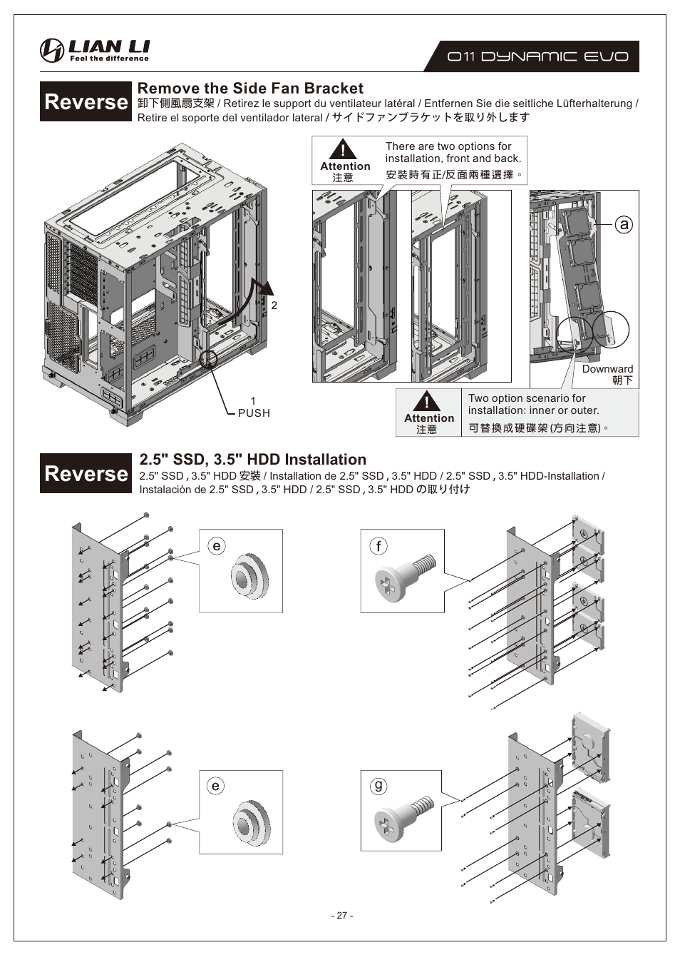 Reverse, Remove the side fan bracket, 5" ssd, 3.5" hdd installation | Lian Li O11 Dynamic EVO Mid-Tower Case (Black) User Manual | Page 27 / 31