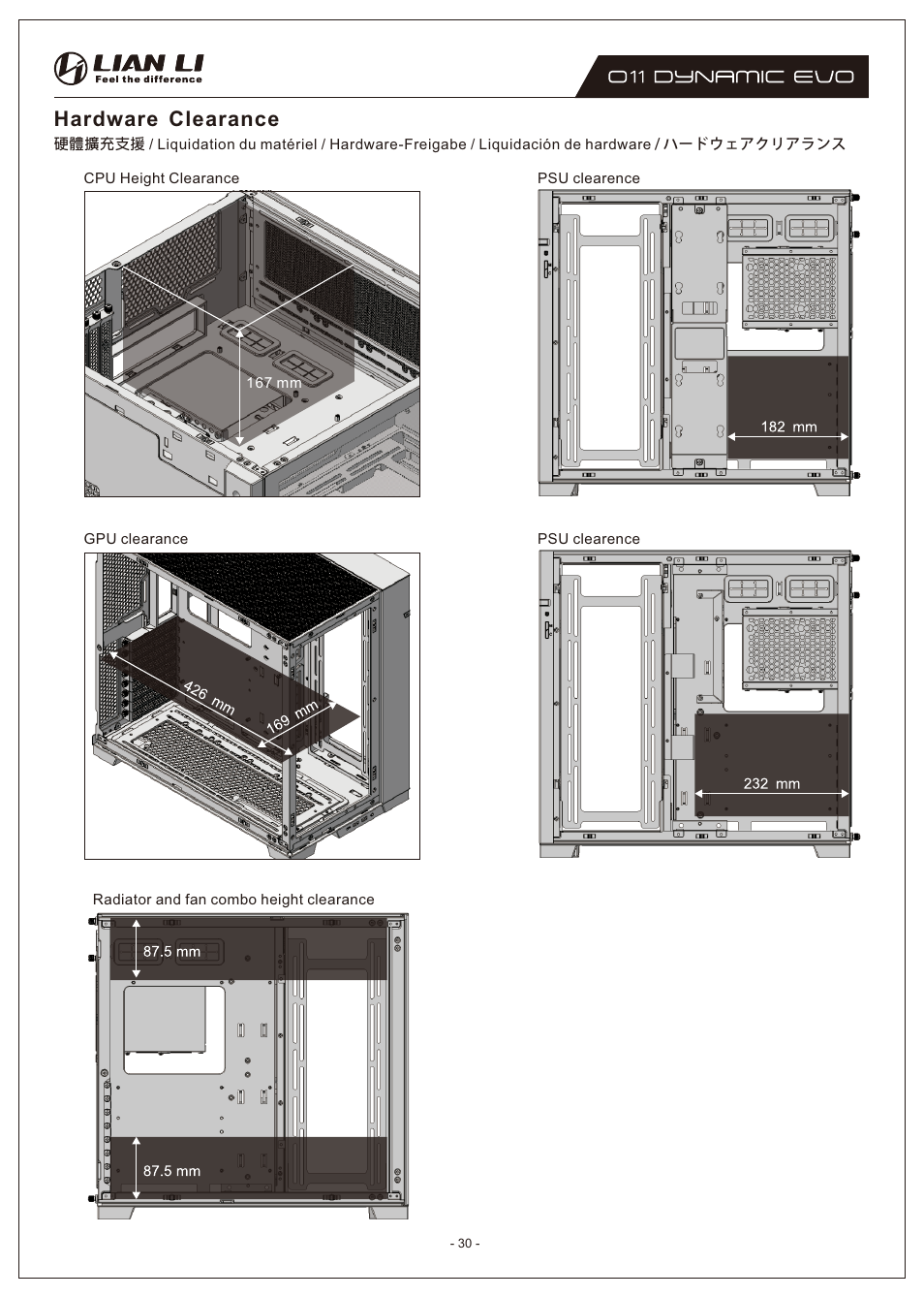 Hardware clearance | Lian Li O11 Dynamic EVO Mid-Tower Case (Black) User Manual | Page 30 / 31