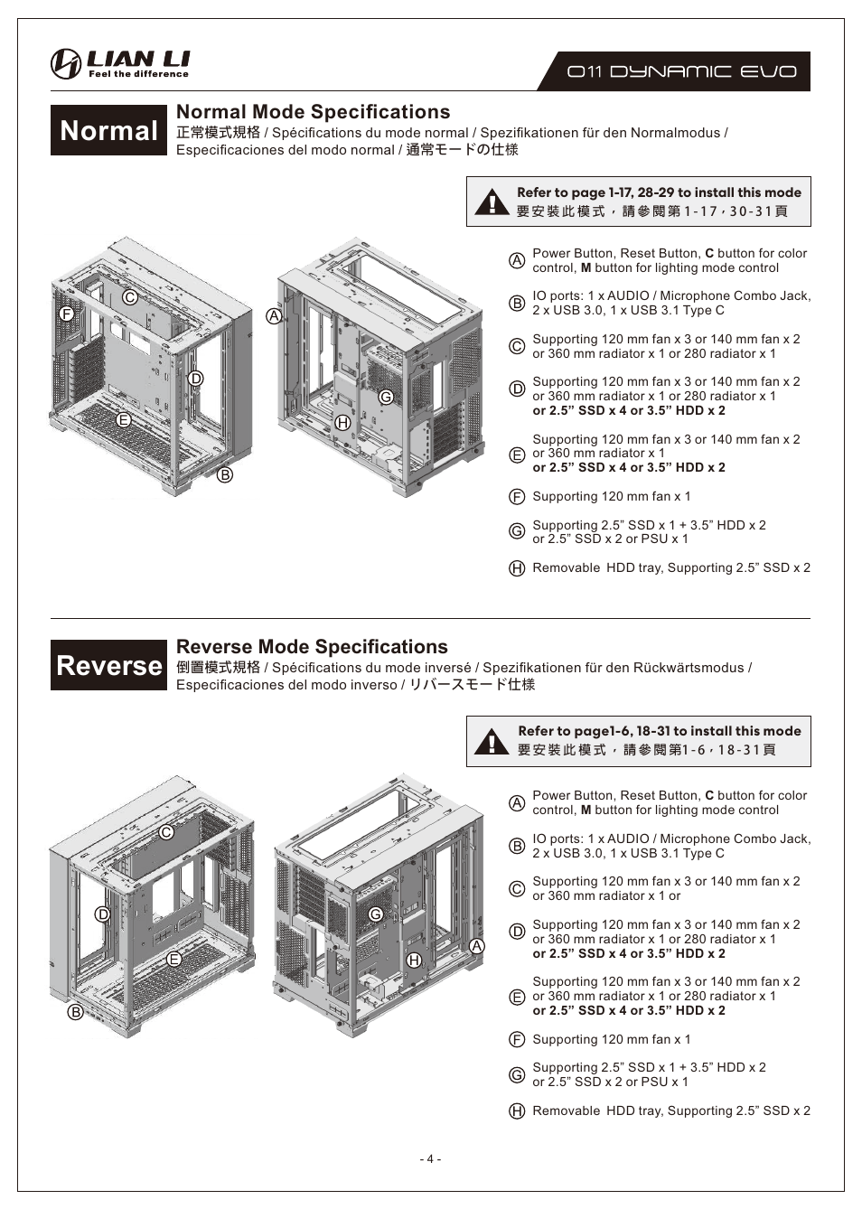 Normal reverse, Normal mode speciﬁcations, Reverse mode speciﬁcations | Lian Li O11 Dynamic EVO Mid-Tower Case (Black) User Manual | Page 4 / 31