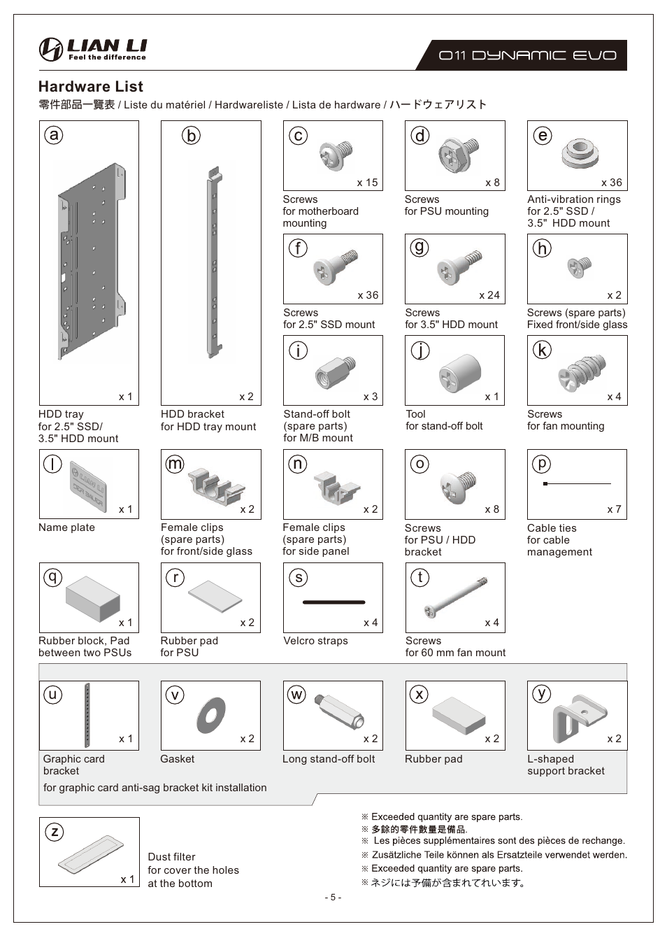 Hardware list | Lian Li O11 Dynamic EVO Mid-Tower Case (Black) User Manual | Page 5 / 31