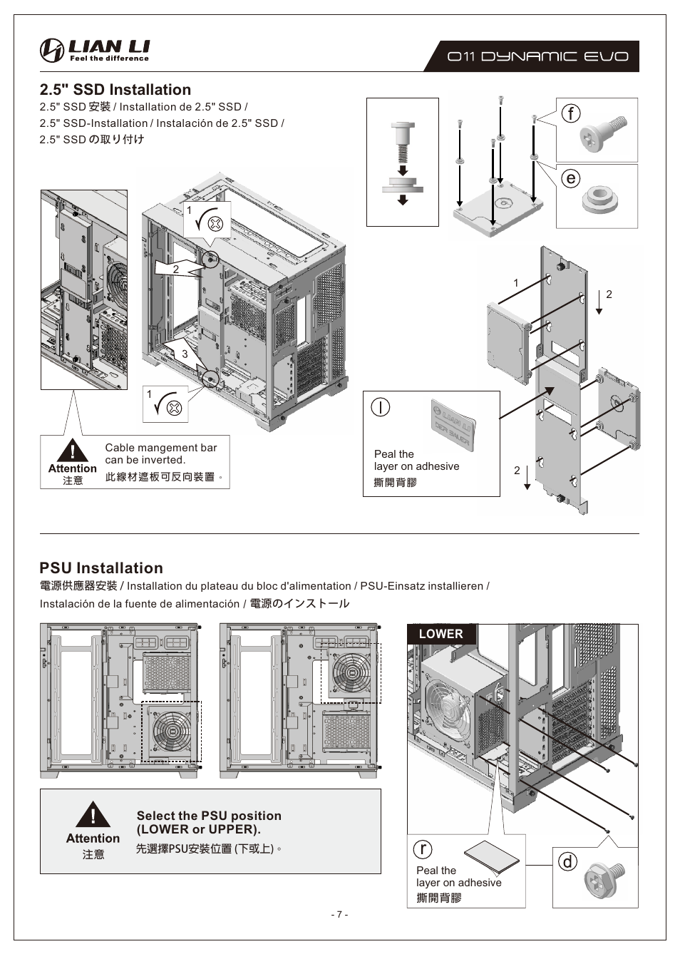 Psu installation, 5" ssd installation | Lian Li O11 Dynamic EVO Mid-Tower Case (Black) User Manual | Page 7 / 31