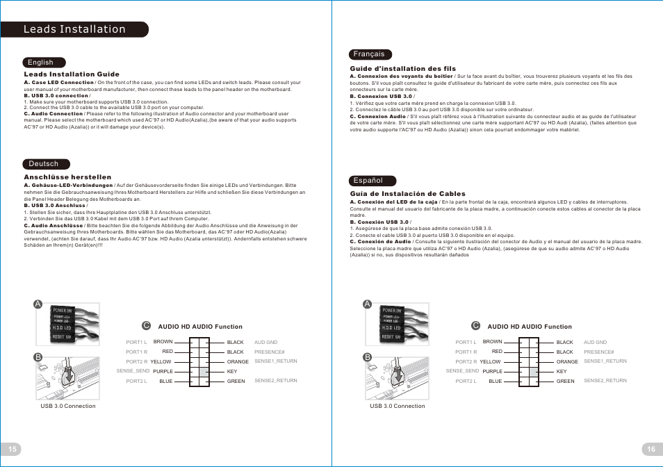 頁面 10, Leads installation, Ab b c c | Thermaltake S300 Tempered Glass Mid-Tower Case (Black) User Manual | Page 10 / 14