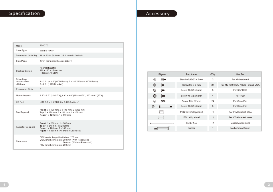 頁面 3, Specification accessory | Thermaltake S300 Tempered Glass Mid-Tower Case (Black) User Manual | Page 3 / 14