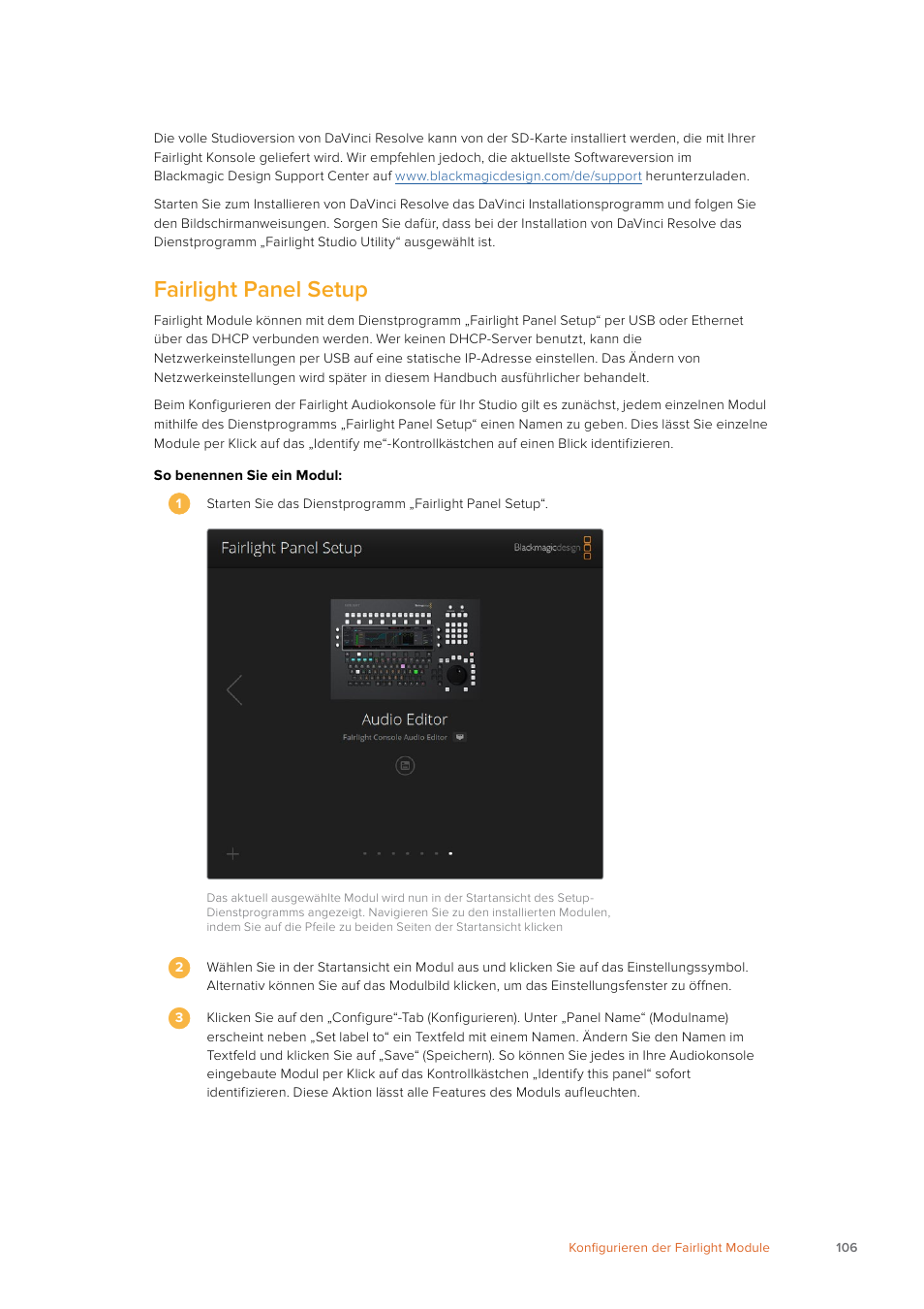 Fairlight panel setup | Blackmagic Design Fairlight Console Channel Fader Modular Control Surface User Manual | Page 106 / 320