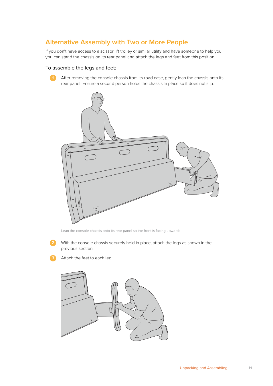 Alternative assembly with two or more people | Blackmagic Design Fairlight Console Channel Fader Modular Control Surface User Manual | Page 11 / 320