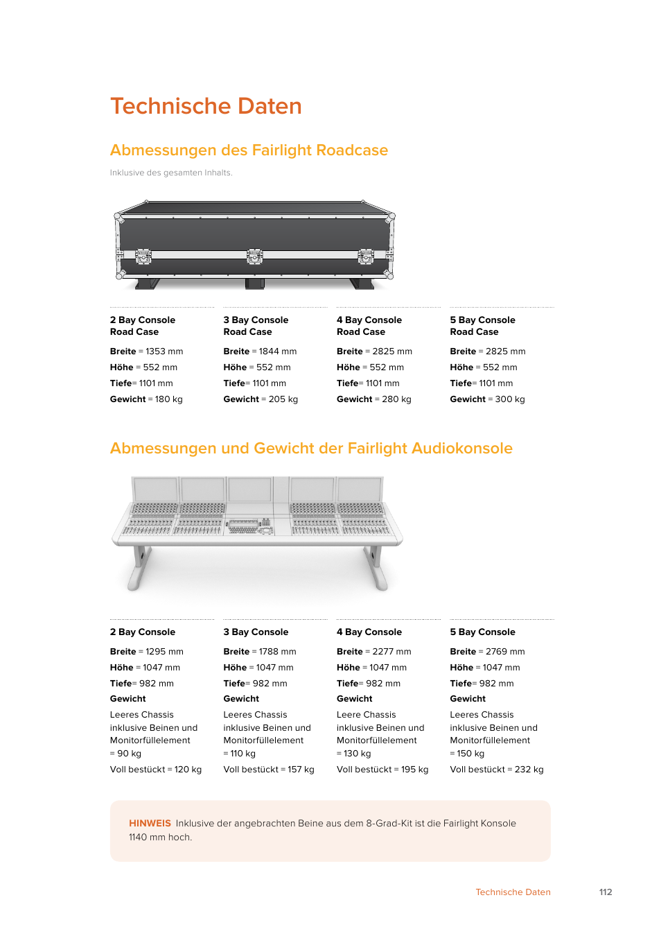 Technische daten, Abmessungen des fairlight roadcase, Abmessungen und gewicht der fairlight audiokonsole | Blackmagic Design Fairlight Console Channel Fader Modular Control Surface User Manual | Page 112 / 320