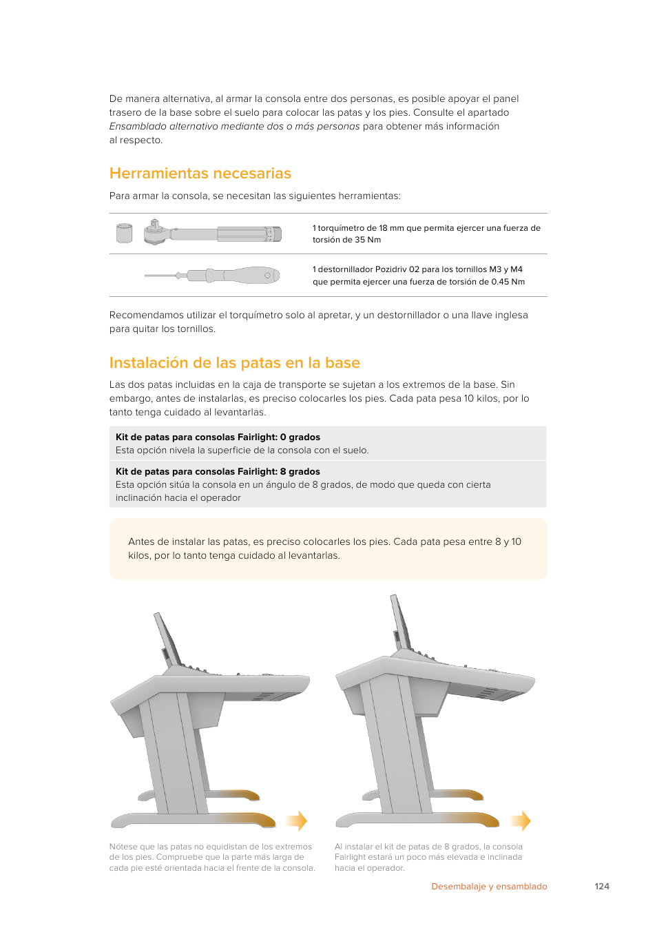 Herramientas necesarias, Instalación de las patas en la base | Blackmagic Design Fairlight Console Channel Fader Modular Control Surface User Manual | Page 124 / 320