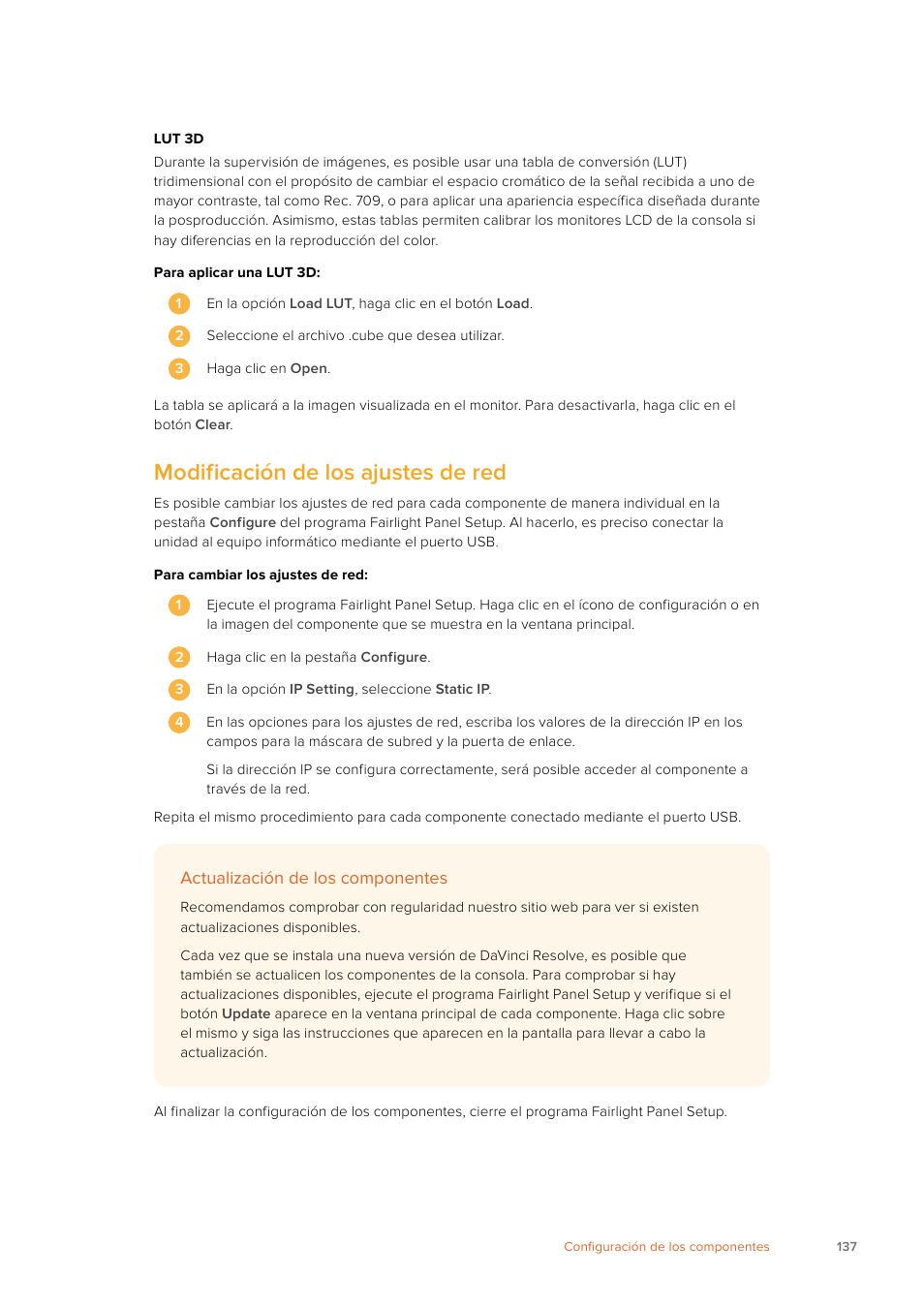 Modificación de los ajustes de red | Blackmagic Design Fairlight Console Channel Fader Modular Control Surface User Manual | Page 137 / 320