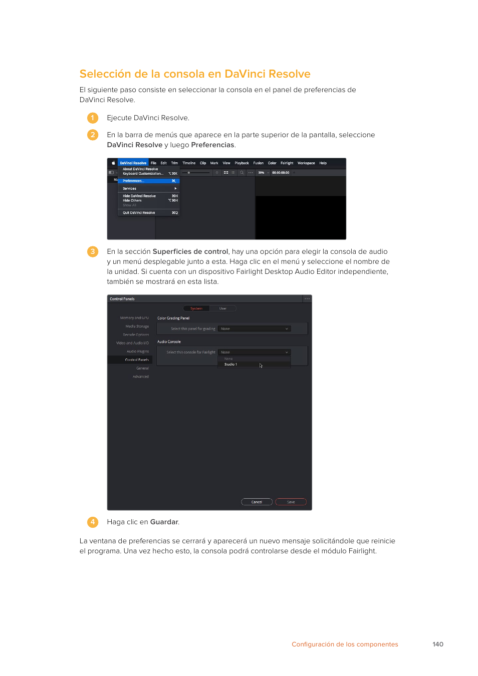 Selección de la consola en davinci resolve | Blackmagic Design Fairlight Console Channel Fader Modular Control Surface User Manual | Page 140 / 320