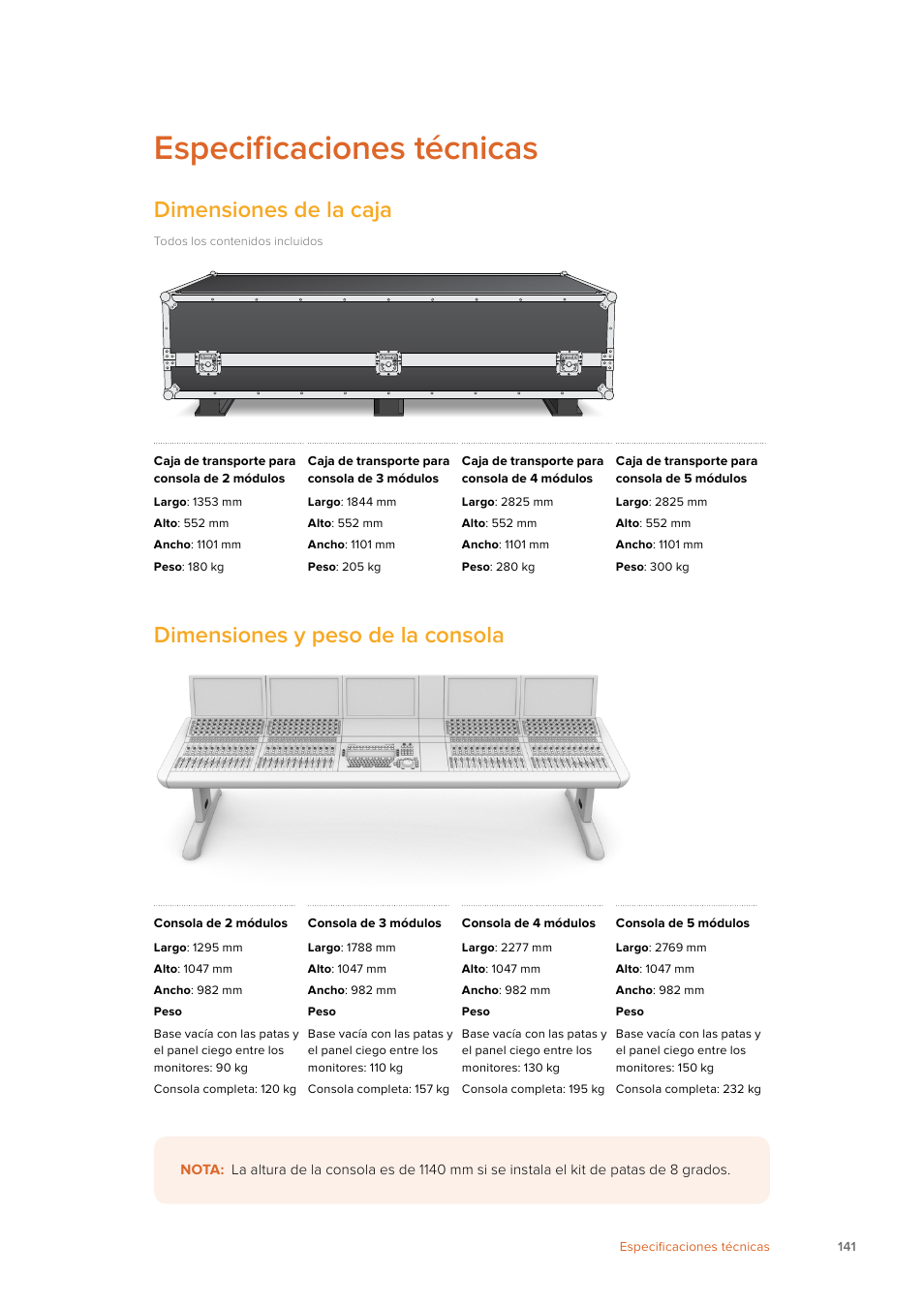 Especificaciones técnicas, Dimensiones de la caja, Dimensiones y peso de la consola | Blackmagic Design Fairlight Console Channel Fader Modular Control Surface User Manual | Page 141 / 320