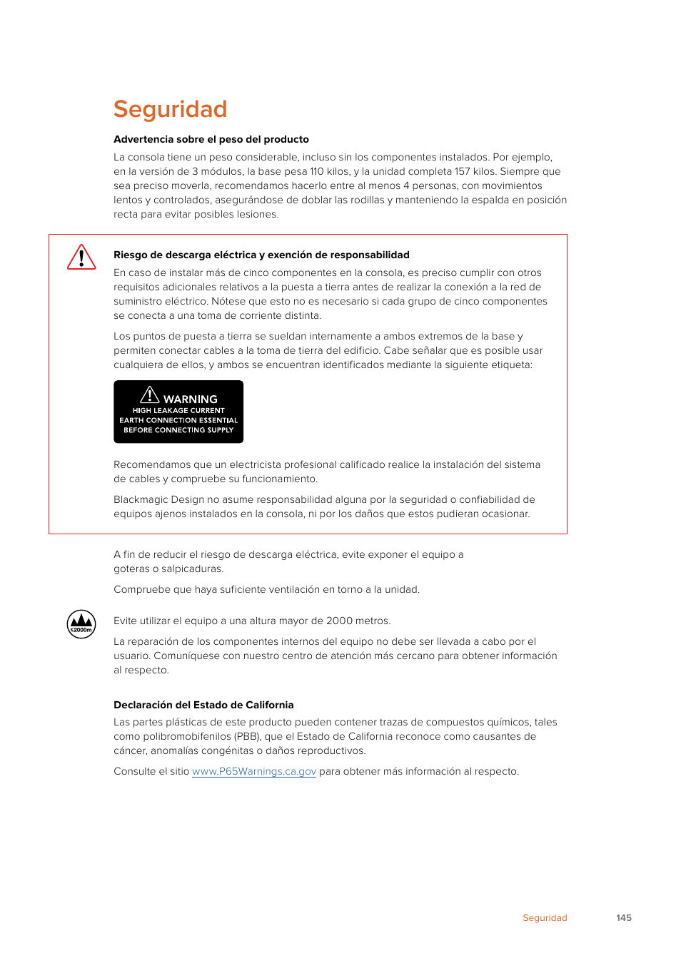 Seguridad | Blackmagic Design Fairlight Console Channel Fader Modular Control Surface User Manual | Page 145 / 320