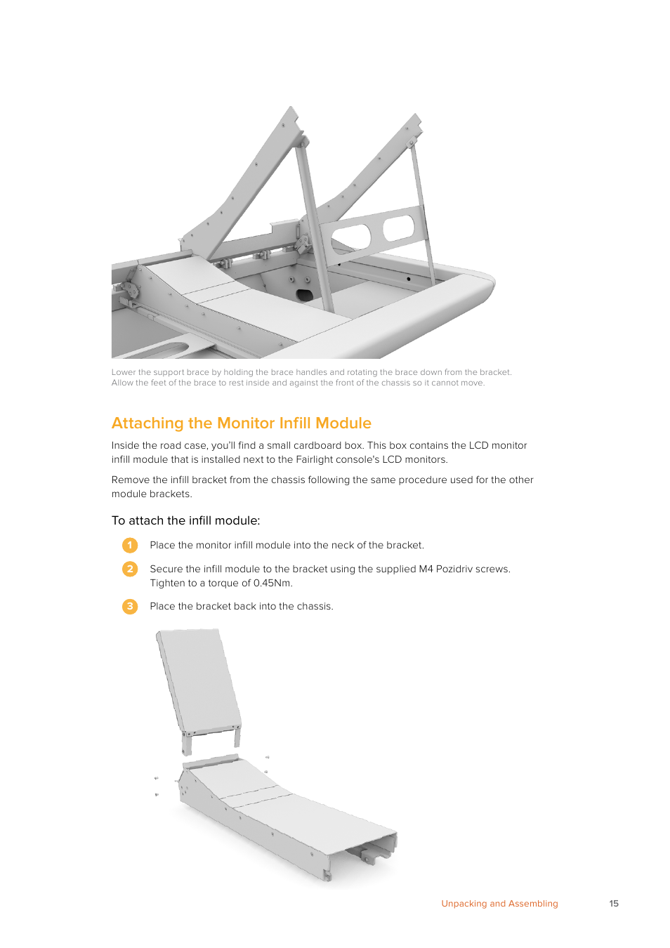 Attaching the monitor infill module | Blackmagic Design Fairlight Console Channel Fader Modular Control Surface User Manual | Page 15 / 320