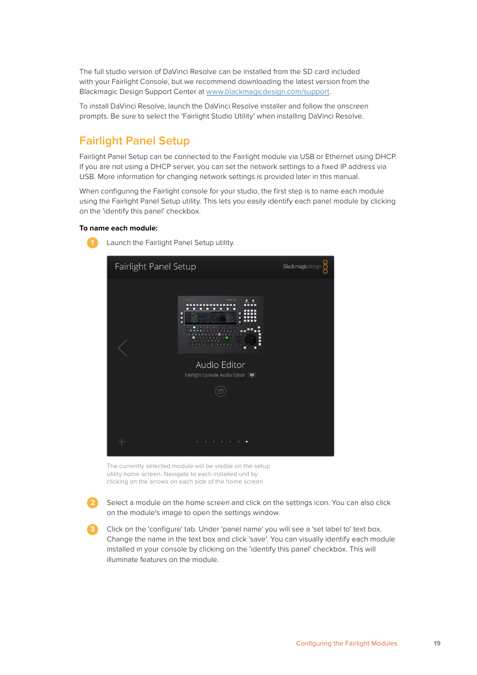 Fairlight panel setup | Blackmagic Design Fairlight Console Channel Fader Modular Control Surface User Manual | Page 19 / 320