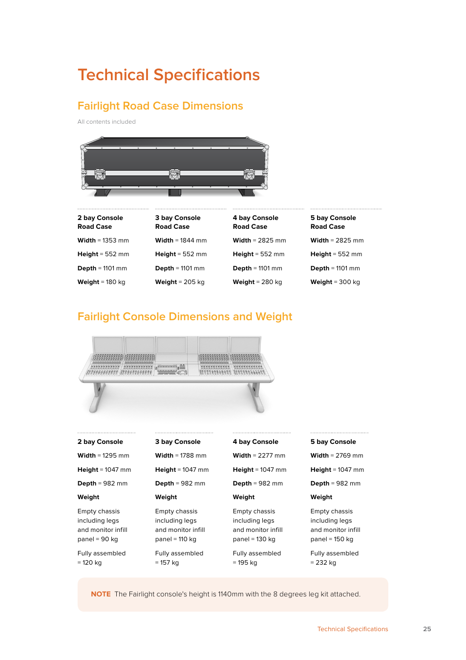 Technical specifications, Fairlight road case dimensions, Fairlight console dimensions and weight | Blackmagic Design Fairlight Console Channel Fader Modular Control Surface User Manual | Page 25 / 320