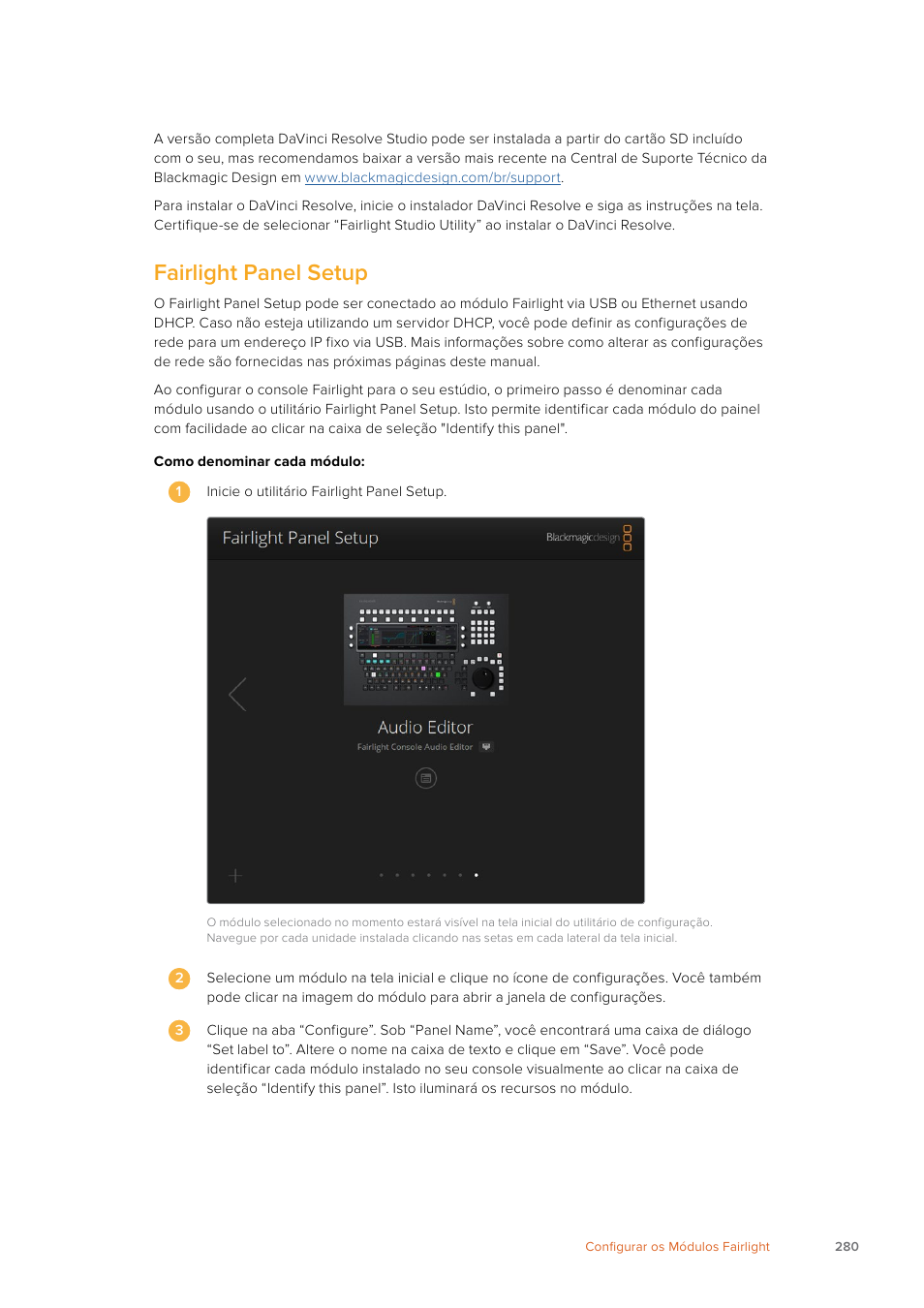Fairlight panel setup | Blackmagic Design Fairlight Console Channel Fader Modular Control Surface User Manual | Page 280 / 320