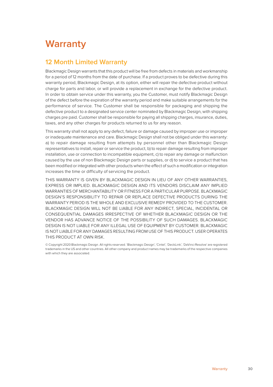 Warranty, 12 month limited warranty | Blackmagic Design Fairlight Console Channel Fader Modular Control Surface User Manual | Page 30 / 320