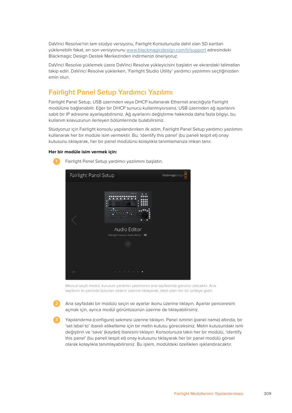 Fairlight panel setup yardımcı yazılımı | Blackmagic Design Fairlight Console Channel Fader Modular Control Surface User Manual | Page 309 / 320