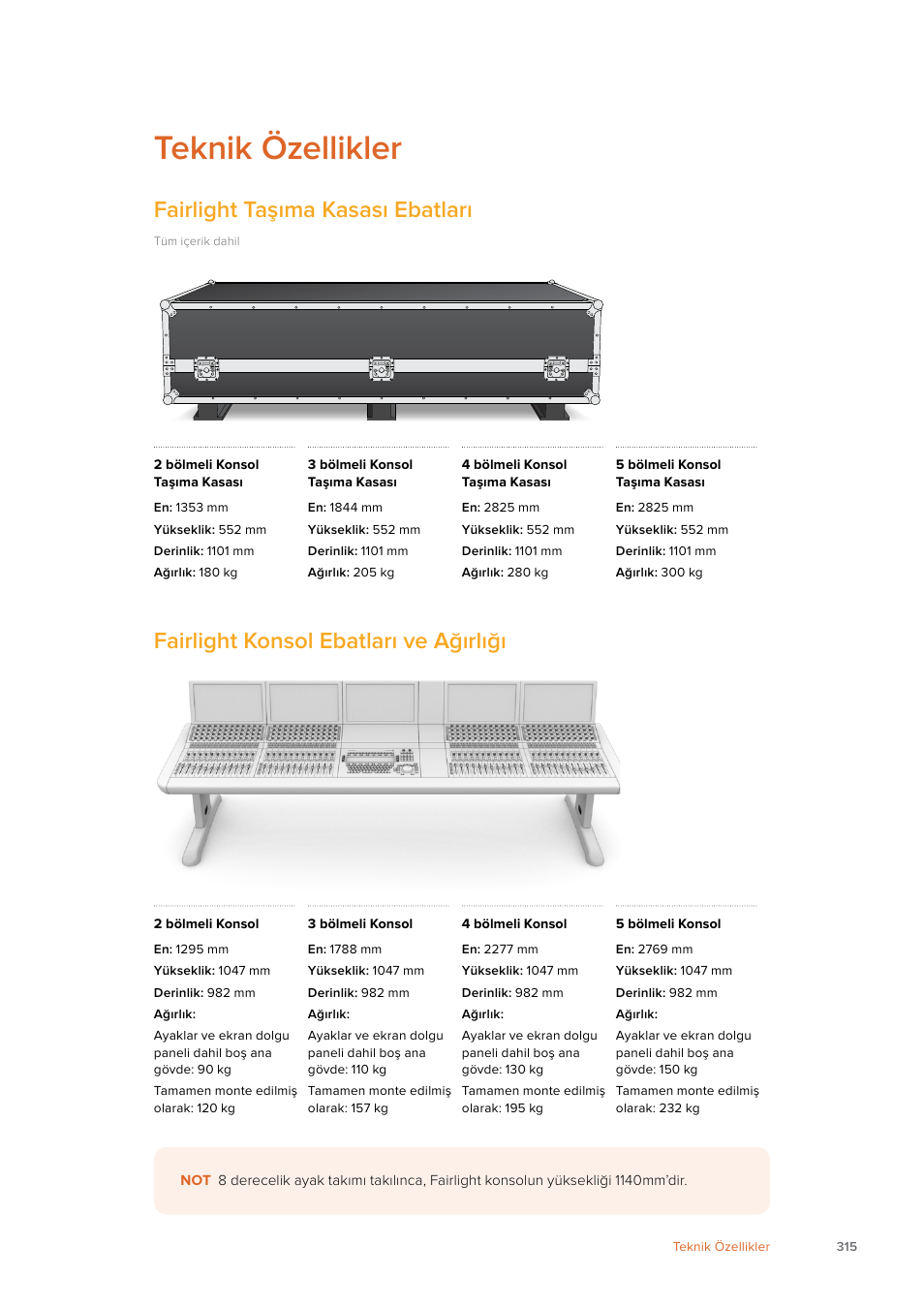 Teknik özellikler, Fairlight taşıma kasası ebatları, Fairlight konsol ebatları ve ağırlığı | Blackmagic Design Fairlight Console Channel Fader Modular Control Surface User Manual | Page 315 / 320