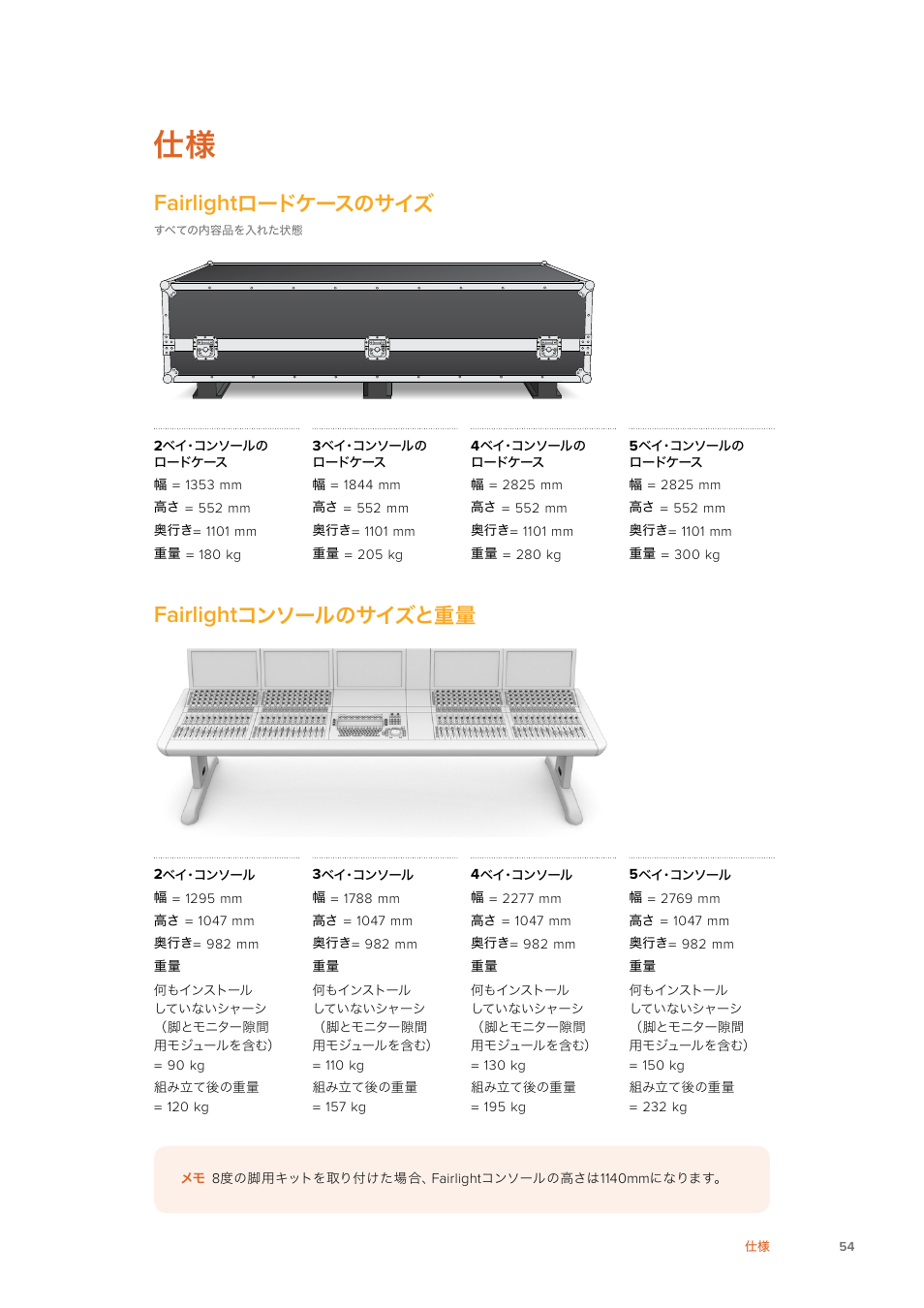 Fairlightロードケースのサイズ, Fairlightコンソールのサイズと重量, Fairlight | ロードケースのサイズ, コンソールのサイズと重量 | Blackmagic Design Fairlight Console Channel Fader Modular Control Surface User Manual | Page 54 / 320