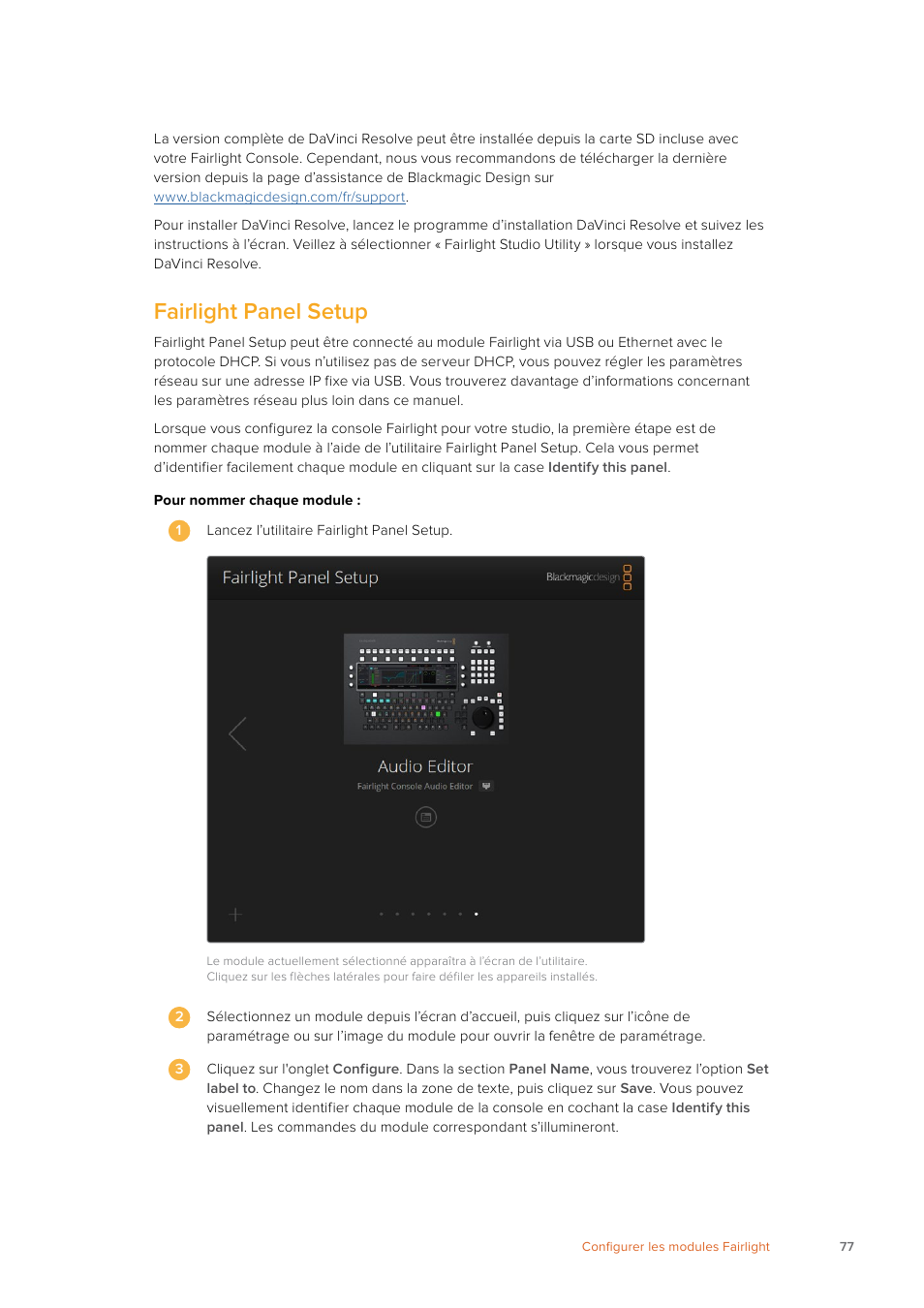 Fairlight panel setup | Blackmagic Design Fairlight Console Channel Fader Modular Control Surface User Manual | Page 77 / 320