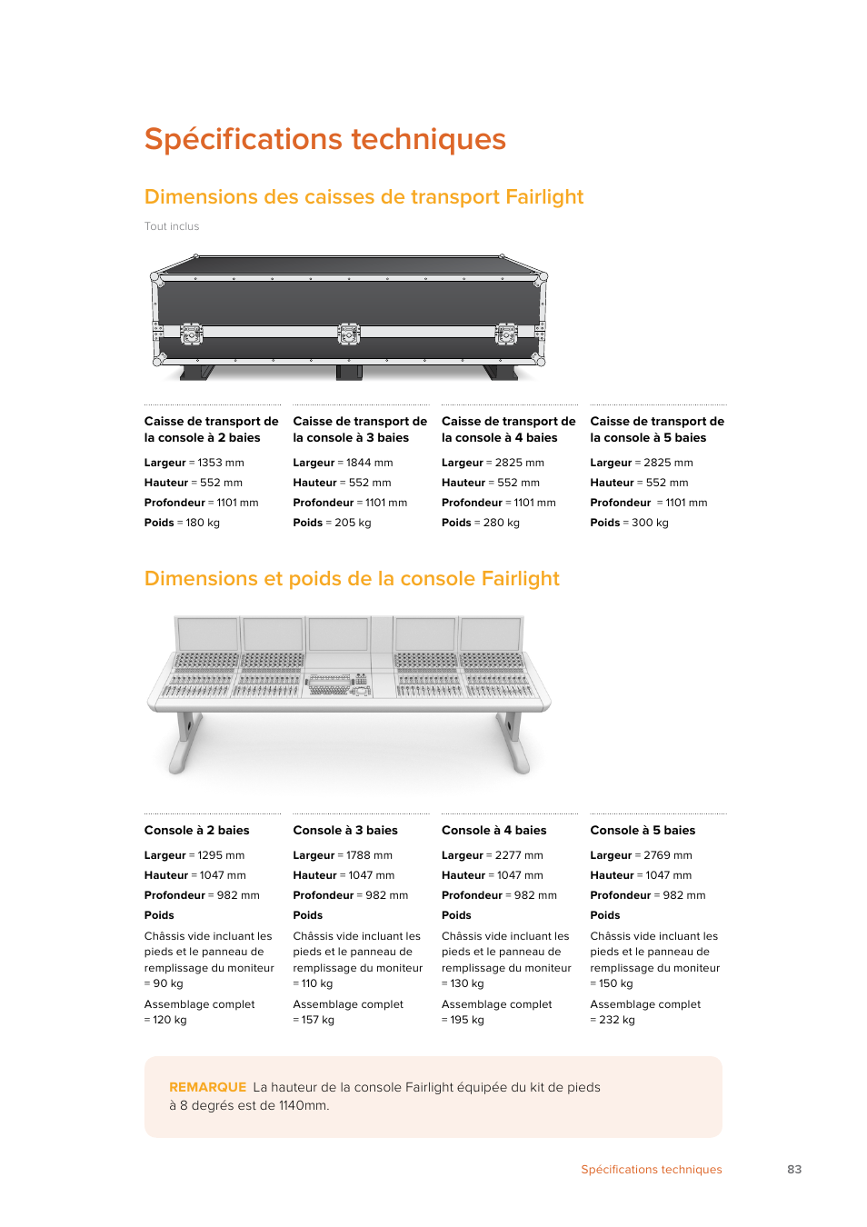 Spécifications techniques, Dimensions des caisses de transport fairlight, Dimensions et poids de la console fairlight | Blackmagic Design Fairlight Console Channel Fader Modular Control Surface User Manual | Page 83 / 320
