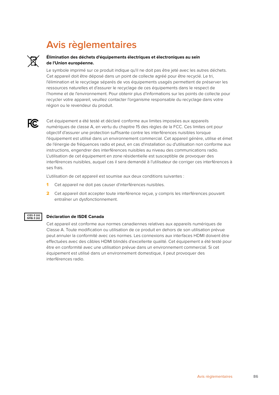 Avis règlementaires | Blackmagic Design Fairlight Console Channel Fader Modular Control Surface User Manual | Page 86 / 320