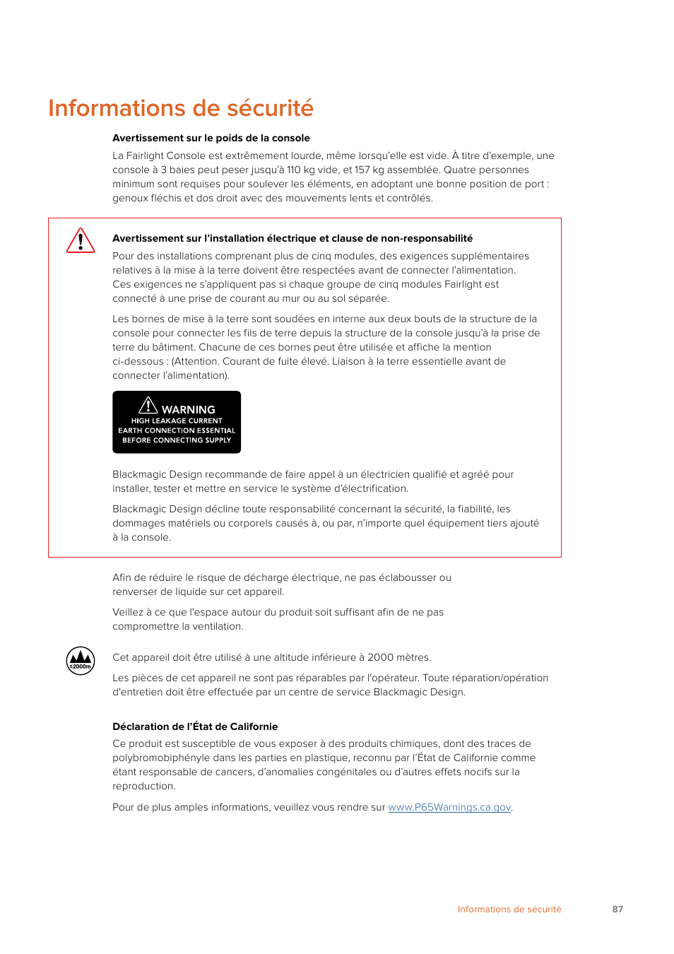 Informations de sécurité | Blackmagic Design Fairlight Console Channel Fader Modular Control Surface User Manual | Page 87 / 320