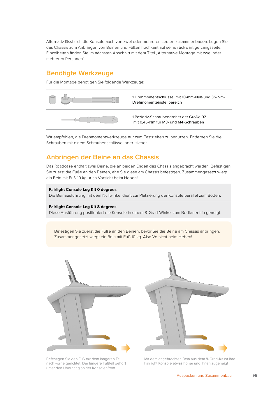 Benötigte werkzeuge, Anbringen der beine an das chassis | Blackmagic Design Fairlight Console Channel Fader Modular Control Surface User Manual | Page 95 / 320