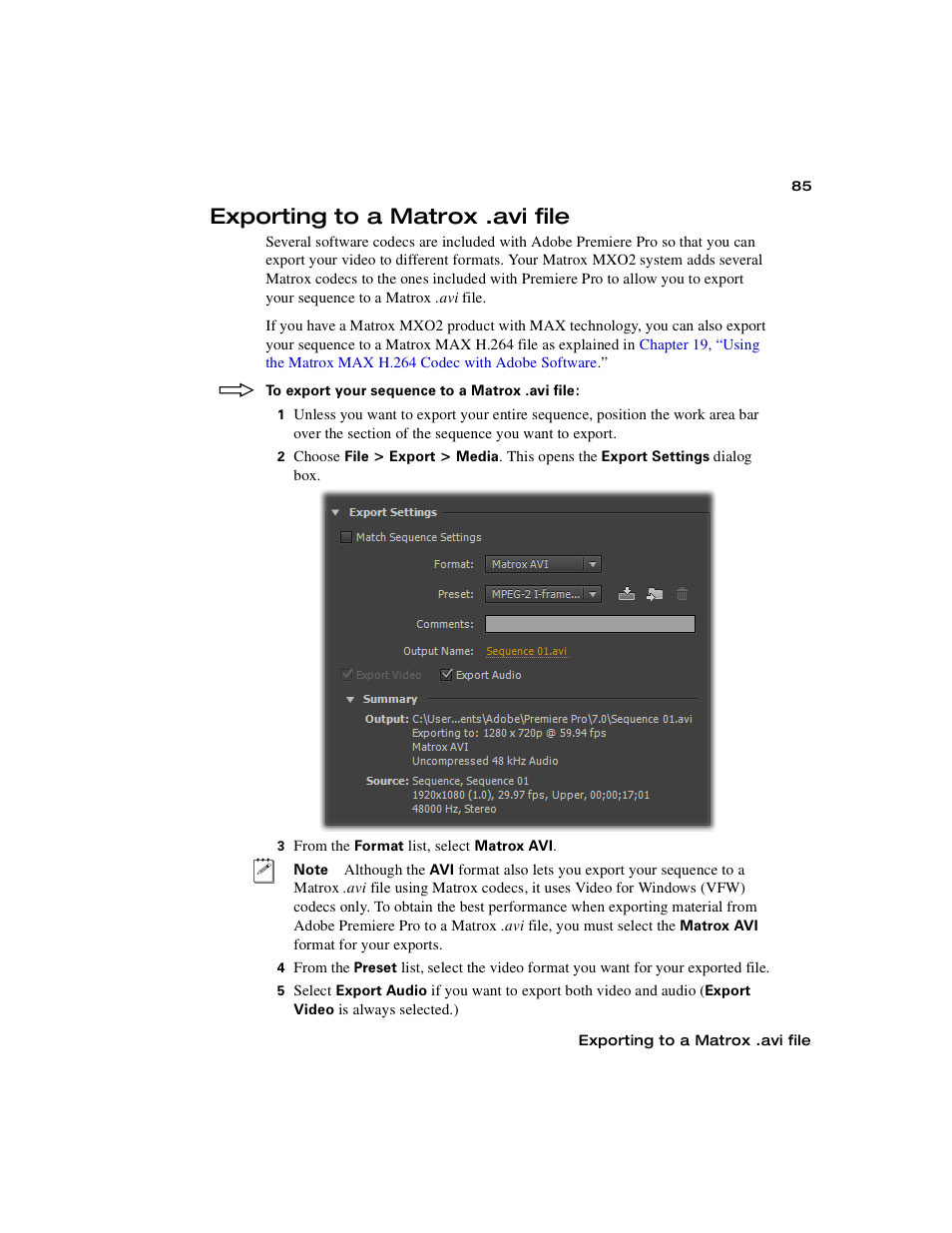 Exporting to a matrox .avi file | Matrox MXO2 PCIe Host Adapter User Manual | Page 109 / 388