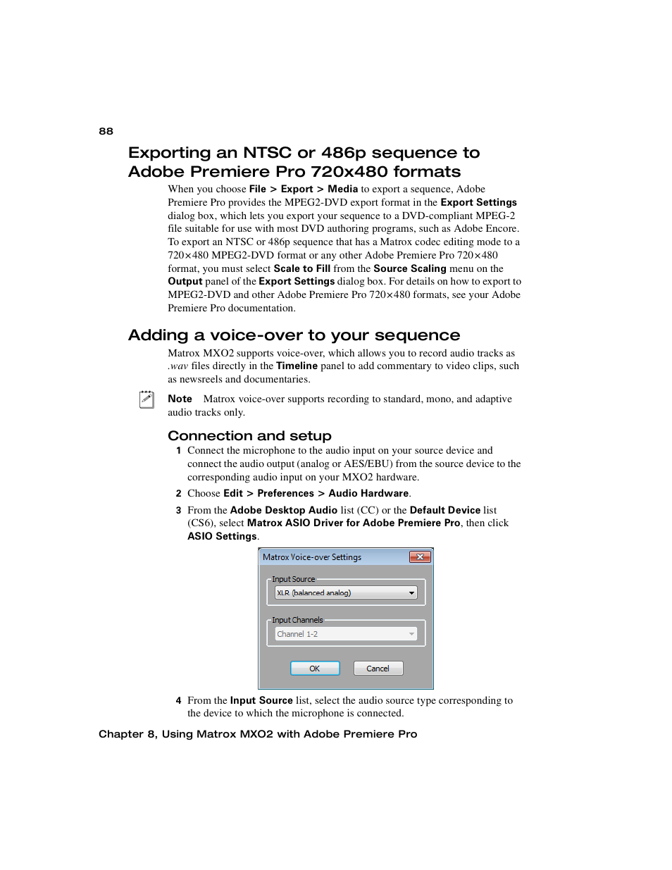 Adding a voice-over to your sequence, Connection and setup, 720x480 formats | Matrox MXO2 PCIe Host Adapter User Manual | Page 112 / 388