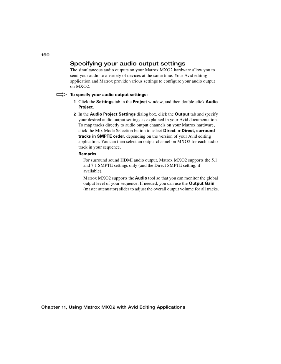 Specifying your audio output settings, Specifying your audio output, Settings | Matrox MXO2 PCIe Host Adapter User Manual | Page 184 / 388