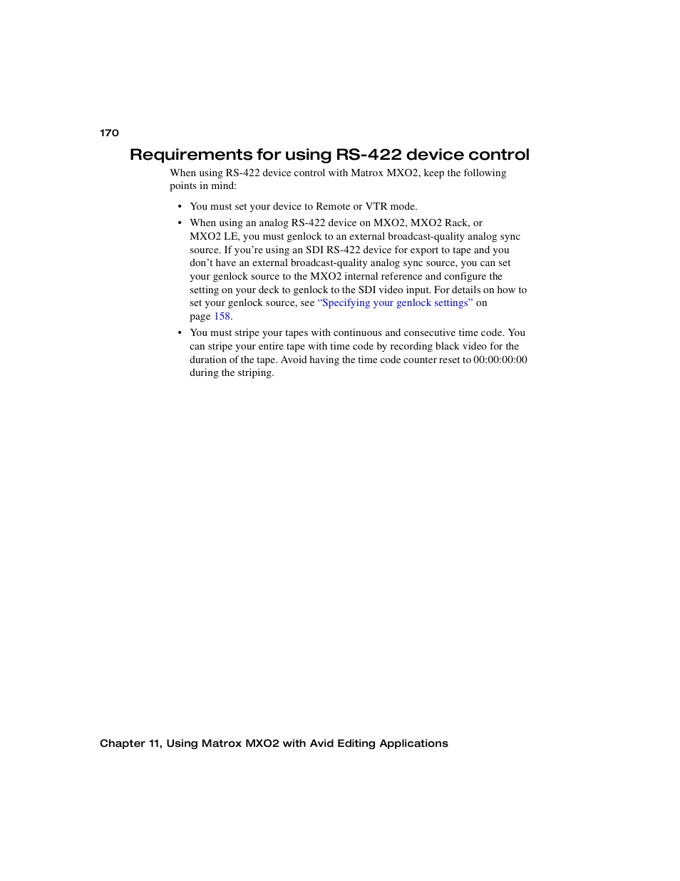 Requirements for using rs-422 device control, Requirements for using, Rs-422 device control | Matrox MXO2 PCIe Host Adapter User Manual | Page 194 / 388